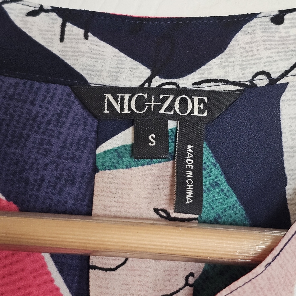 NIC+ZOE Womens Navy Printed Split Wear To Work Blouse Small - Picture 5 of 9